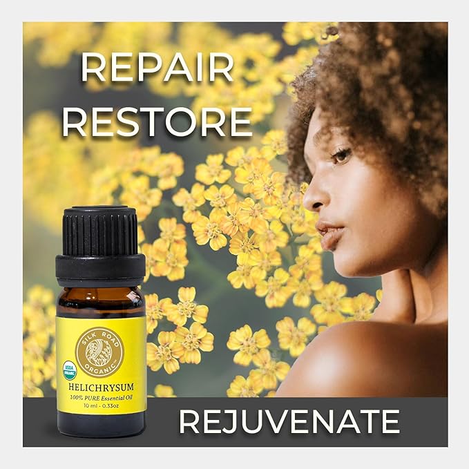 Silk Road Organic Helichrysum Italicum Essential Oil, 100% Pure Undiluted USDA Certified Aromatherapy for Skin Vitality & Anti-Aging - 10 ml Euro Dropper - Always Pure, Always Organic