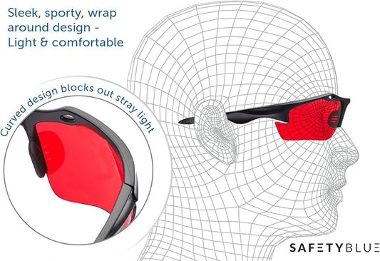 SafetyBlue™ Sleep Savior Sport Red Lens Night Glasses - Light Blocking Glasses for Better Sleep - Eliminate Eye Strain