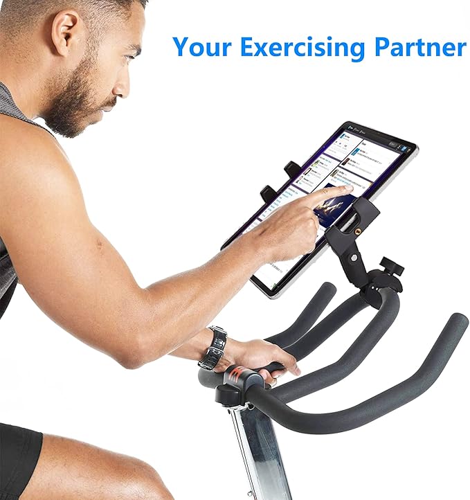 Treadmill Tablet Ipad Holder Bike Handlebar Mount Clamp for Stationary Bicycle Elliptical Spin Bike Peloton Stroller for 4-13" Devices, iPad Pro 12.9, Air, Mini, Galaxy Tabs, iPhone