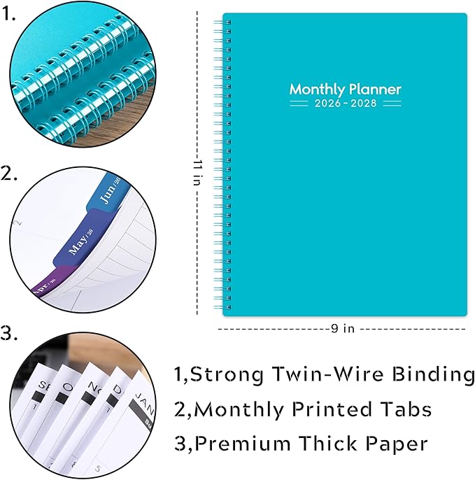 2026-2028 Monthly Planner/Calendar - 3 Year Monthly Planner 2026-2028, Jan.2026 - Dec.2028, 9" x 11", 36-Month Calendar + Colorful Tabs + Pocket - Teal
