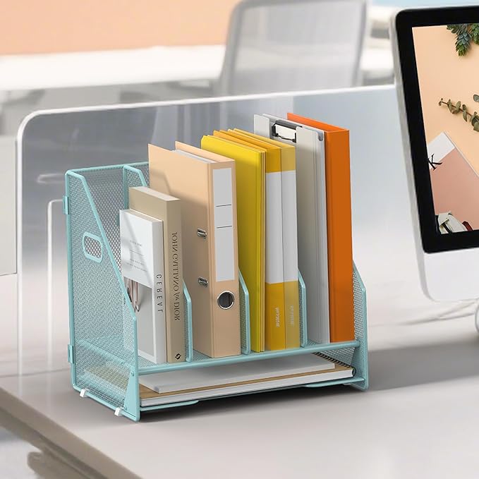Desk File Folder Holder Organizer-4 Vertical Compartments Racks and Paper Letter Tray,Mesh Magazine File Holder Sorter,Desktop Accessories & Workspace Organizers for Home,Office,School-Blue