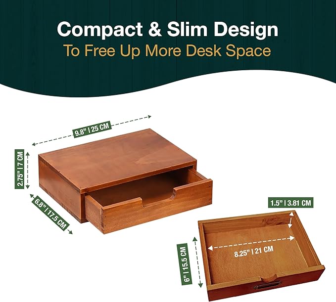 Single Drawer Desktop Storage Organizer in a Modern Wood Design (9.8”x6.9”x 2.8”) Wooden Stackable Drawer Unit - Single Monitor Riser (1-Pack)