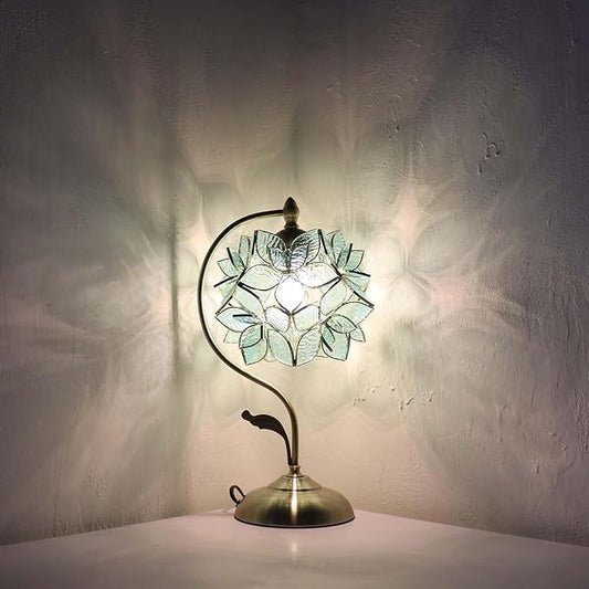 Bieye L10960 Tiffany Style Stained Glass Flower Petal Table Lamp with Brass Base for Home Décor (Light Blue, 8" Rose Lily)