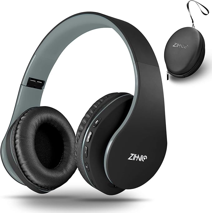ZIHNIC Bluetooth Headphones Over-Ear, Foldable Wireless and Wired Stereo Headset Micro SD/TF, FM for Cell Phone,PC,Soft Earmuffs &Light Weight for Prolonged Wearing(Black/Gray)