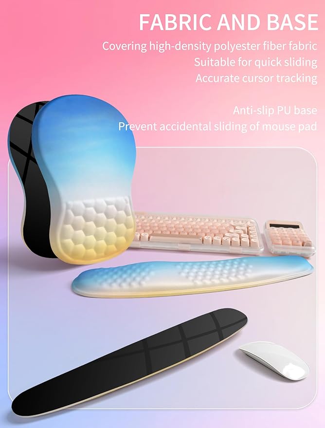 Hokafenle 2in1 Combination, Wave Keyboard Wrist Rest and Ergonomic Curvature Mouse Pad Wrist Support for Relieve Wrist Pain, Filled with Soft Cushion Memory Foam, Sunrise