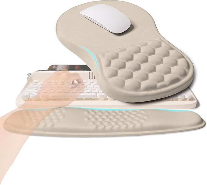 2-in-1 Ergonomic Set, Wave Rise Keyboard Wrist Rest and Massage Bulge Slope Mouse Pad Wrist Support, Cushion Memory Foam Integrated to Relieve Wrist Pain, Apricot