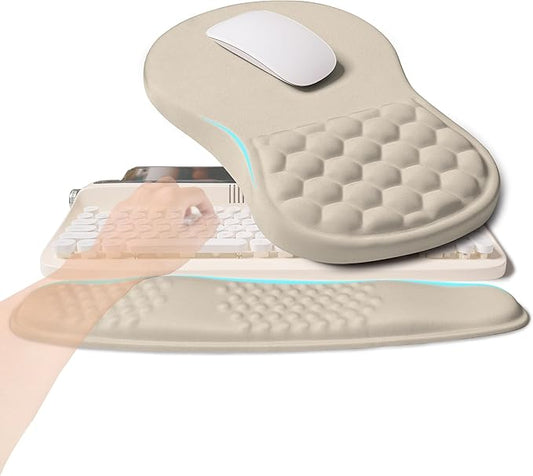 2-in-1 Ergonomic Set, Wave Rise Keyboard Wrist Rest and Massage Bulge Slope Mouse Pad Wrist Support, Cushion Memory Foam Integrated to Relieve Wrist Pain, Apricot