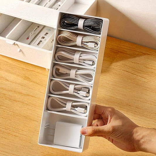 White Plastic Cable Organizer Box with Adjustment Compartments, Stackable Desk Accessories Storage Case with 7 Wire Ties for Drawer Supplies, Stationery, Battery and Charger Cord Storage