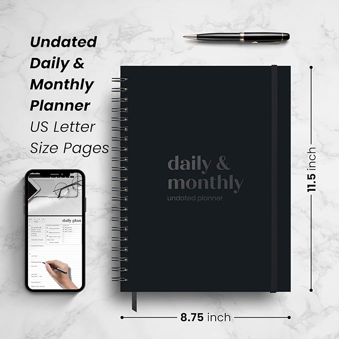 Large Daily Planner with Hourly Schedule, 8.5" x 11" Undated 6-Month Planner, Full Page a Day, 2025-2026 Calendar, To Do List, Time Blocking, Black Aesthetic Hardcover Spiral Notebook for Work Tasks