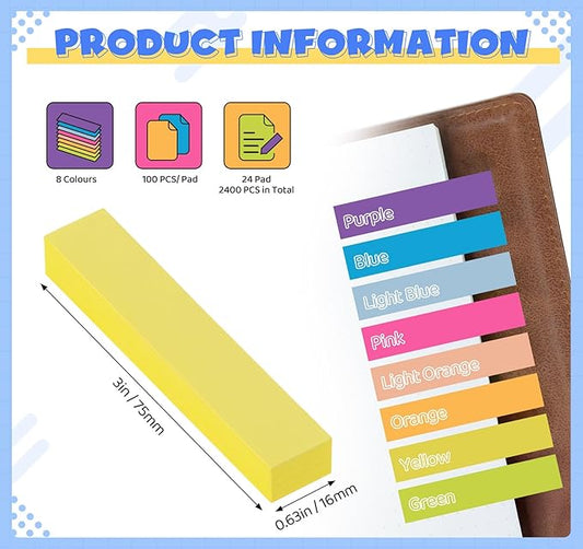 24 Pack Sticky NotesTabs Pads,2400 Sheets Index Tabs,2.99 * 0.62in Small Self-Stick Page Markers,8 Bright Colors Page Flags Mini Self-Stick Pads to Post for Office,School,Home,Meeting,Back to School