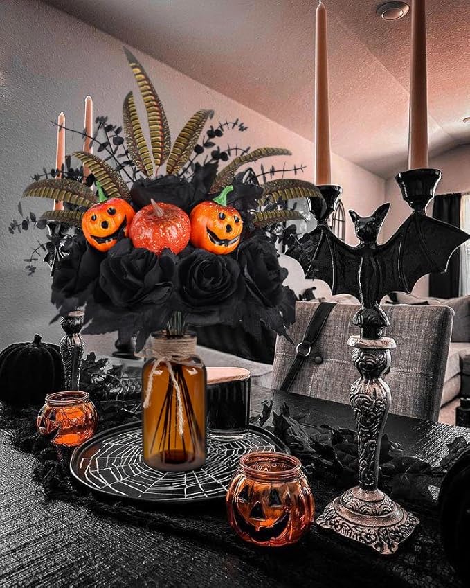 Halloween Artificial Flowers Decorations,Fake Black Roses Eucalyptus Pumpkins with Vase Arrangements Halloween Table Centerpiece for Kitchen Dining Living Room Home Indoor Decor