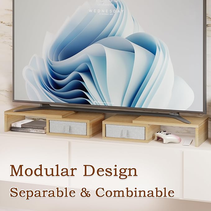 TEAMIX Dual Monitor Stand Riser - Length and Angle Adjustable White Monitor Stand with 2 Drawers to Storage Large Computer Riser for 2 Monitors/Laptop/PC, Wood Screen/TV Stand Desk Organizer (Maple)