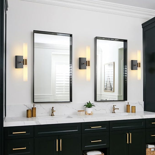 Wall Sconces Set of Two Black and Brass Gold Wall Lights with White Frosted Glass Shade Modern Wall Lamp for Bathroom Living Room Indoor Vanity Up and Down Sconces Wall Lighting for Hallway