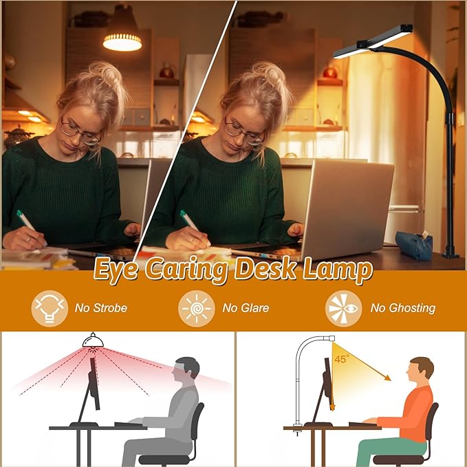 Double Head LED Desk Lamp with Remote Control for Home Office 24W Brightest Computer Desk Light for Workbench Drafting Architect Study Reading with Clamp and Base