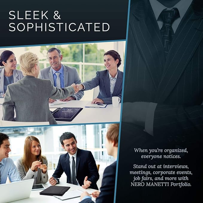 NERO MANETTI- Leather Portfolio Folder - Business PU Leather Portfolio Notepad Holder for Resumes, Legal Pad Portfolio Executive Binder, Professional Padfolio Notebook for Women/Men