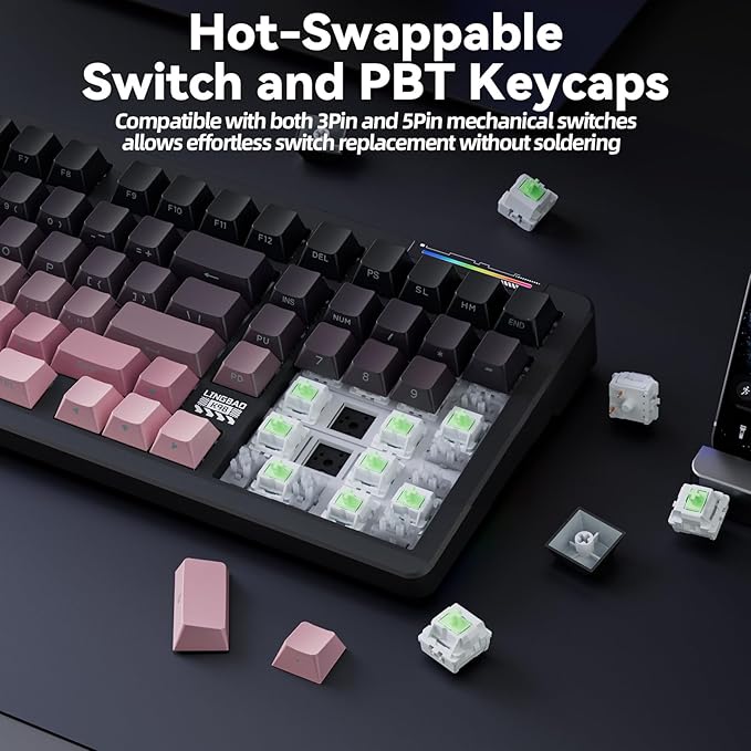 LINGBAO K98 Wireless Mechanical Gaming Keyboard, Tri-Mode BT5.0/2.4GHz/USB-C, Creamy Keyboard with Number Pad, Gasket Hot Swappable Linear Switches RGB Backlit Keyboards for Win/Mac/PC, (Black Pink)