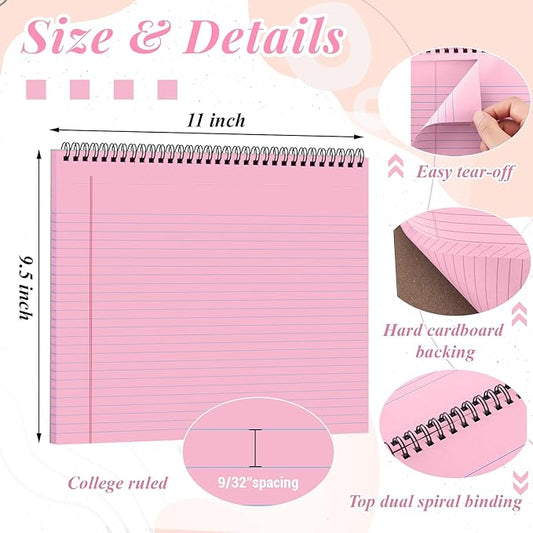 4 Pcs Legal Pads Landscape Notebooks 3 Hole Punched Top Spiral Bound Notebooks 11 x 9. 5 Inch College Ruled Drawing Notepad Tear Line for Removal 50 Sheet Office Steno Book(Pink)