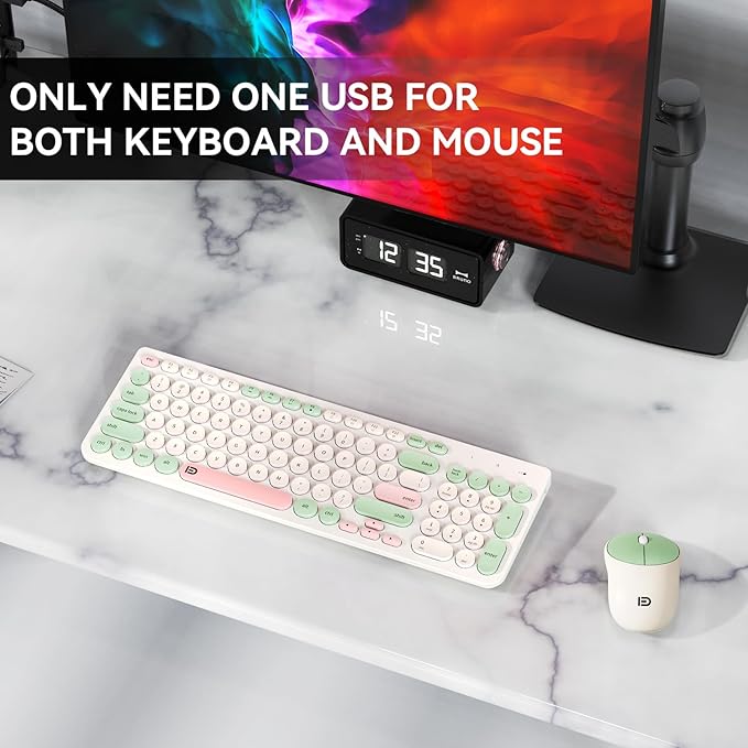 Wireless Keyboards Mouse Combos, Colorful Quiet Keyboard Cute Typewriter Full-Size Retro Round Keycaps, 2.4GHz Sleep Mode Office Wireless Keyboard and Mouse Set for Desktop Laptop PC Computer