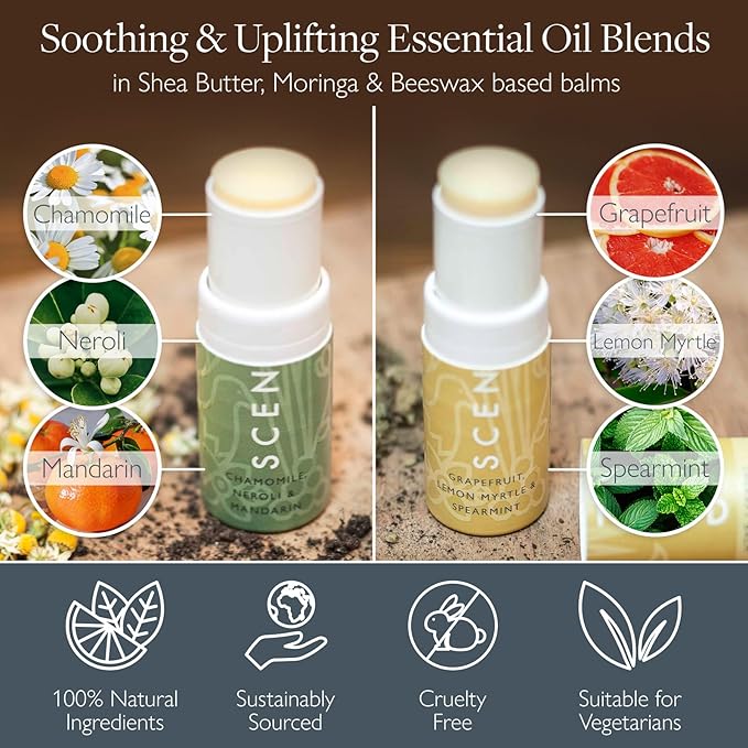 Scentered Aromatherapy Balm Stick Duo for Stress Relief & Positivity - Roll On Essential Oil Blends of Grapefruit, Lemon, Chamomile - Aromatherapy Gifts for Women - De-Stress & Happy