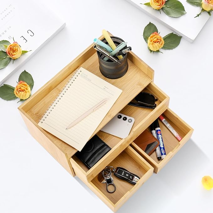 Bamboo Desk Organizer With Drawers Countertop Drawers 3 Drawers Counter Storage Box Corner Desk Organizer for Home Office No Assembly Required
