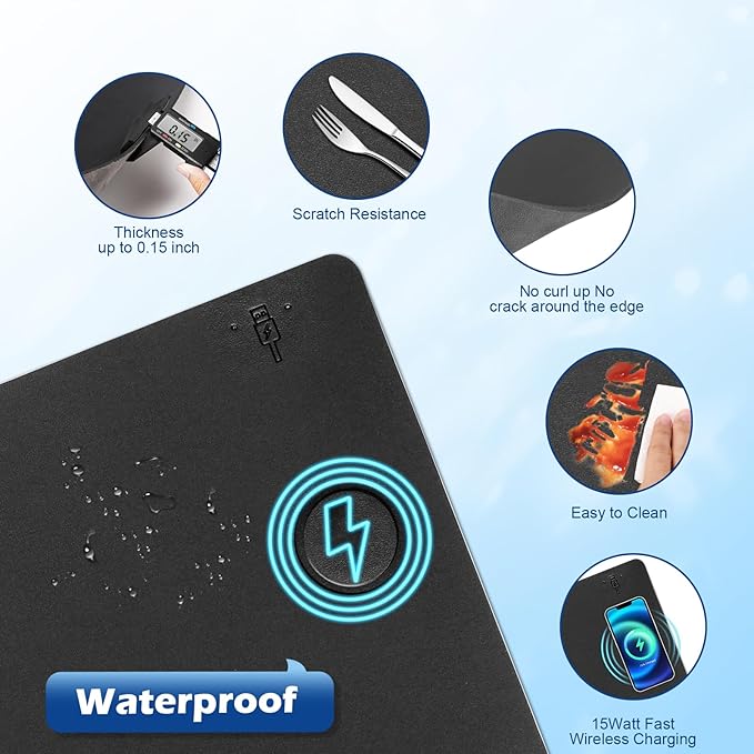 Wireless Charging Desk Mat with Desk Pad for Desktop Charging Large Mouse Pad Waterproof Leather Computer Mat Mouse Pad Non-Slip Protector on Top of Desks for Keyboard and Mouse (black-r, 36*17inch)