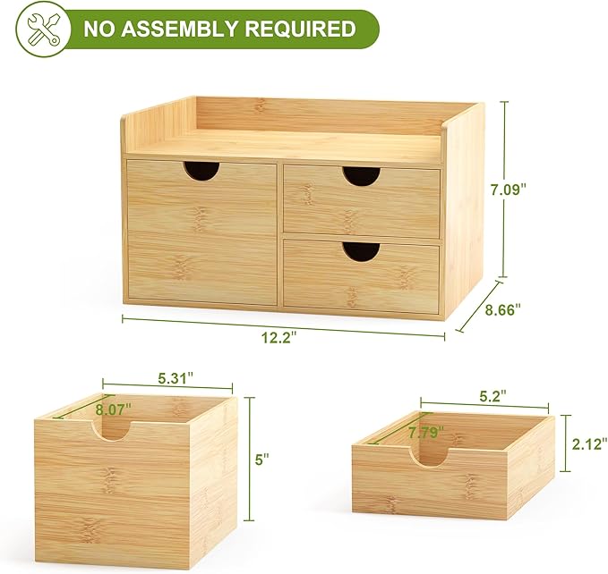 Wisuce Bamboo Desk Drawer Organizer, 3 Drawer Desktop Organizer with Drawers Tabletop Storage Organization Box for Office Home Toiletries Supplies Vanity, No Assembly Required