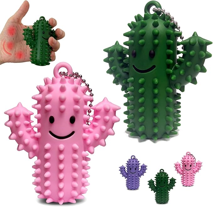 Pain Fidget Toys for Adults, Spiky Silicone Sensory Tool for Anxiety Relief - Acupressure Cactus for Deep Pressure Stimulation & Focus, Silent Portable Stress Keychain, Easy to Clean (Green+Pink)