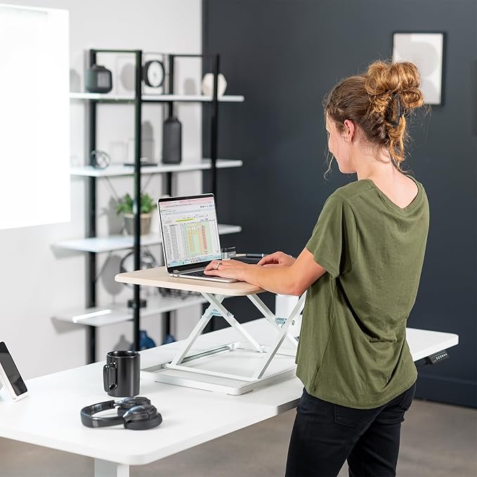 VIVO Ultra-Slim Single Top Height Adjustable Standing Desk Riser, Compact Sit Stand Desktop Converter for Monitor or Laptop, Light Wood, DESK-V001JF