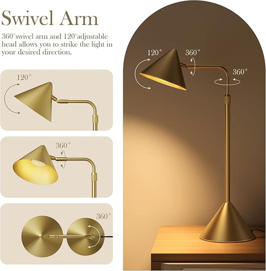 Metal Desk Lamp, 3000k Soft Light Modern Desk Lamp with Dimmer Switch, Adjustable Lighting with Swivel Arm Reading Lamp for Bedside Table, Office Desk, Task Light, Living Room(Gold)