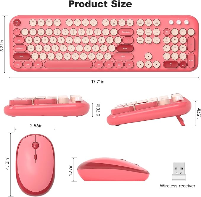 Wireless Keyboard and Mouse Combo, MOWUX Full Size Typewriter Retro Round Computer Keyboard, Cute Optical Mouse Wireless, Plug and Play, for Laptop, PC, Computer- Valentine's Rose