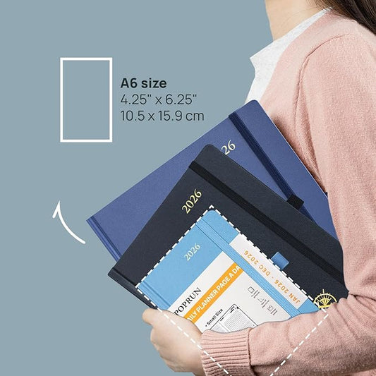 POPRUN 2026 Daily Planner One Page Per Day A6 Size Calendar (4.25" x 6.25") - 12 Months Hourly Appointment Book with Hardcover, Monthly Tabs, Pocket, Pen Holder - Black