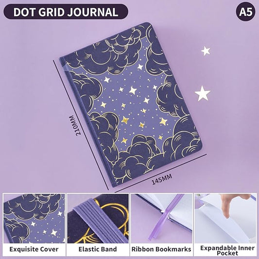 Dot Grid Journal with 160GSM Thick Paper, 192 Pages, A5 Dotted Notebook for Work, School, Travel | 180° Lay Flat, Foil Stamped Cover, Elastic Band, 2 Bookmarks & Inner Pocket (Purple)