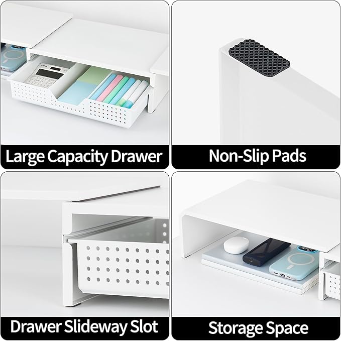 Dual Monitor Stand Riser with Drawer, Desk Organizer and Accessories, Metal Laptop Stand for Desk, Workspace Desktop Stand for Computer, Laptop, TV and More (White)