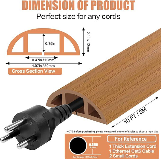 Floor Cord Cover Self Adhesive Cord Hider,10FT Cable Management, Extension Strip Protector for Wires, Prevent Cable Trips for Offices, Gyms, Exhibitions Cavity:0.47"(W) x 0.35"(H) Brown Wood