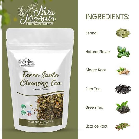 Milamiamor Terra Santa Cleansing Tea – Herbal Detox, Digestive Relief & Bloating Reduction, Proven Laxative Blend with Antioxidants for Digestive Cleanse & Natural Detox, Made in USA, 14 Tea Bags