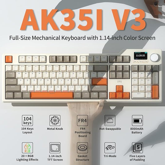 DAIDAI×AJAZZ AK35I V3 Full Size Hot Swap Mechanical Gaming Keyboard with Screen & Knob 2.4G/BT/USB-C Gasket Keyboard FR4 Plate 8000mAh Battery South Facing LED RGB (Avocado Axis)
