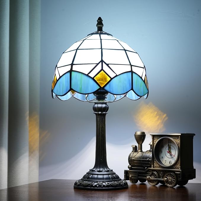 Sky Blue and White Lamp Small Tiffany Lamps Bedside Nightstand for Bedroom Dector Light Stained Glass Table Lamp Living Room Kitchen Night Lamp Farmhouse Cute 8 Inch Aesthetic Mediterranean Desk Lamps