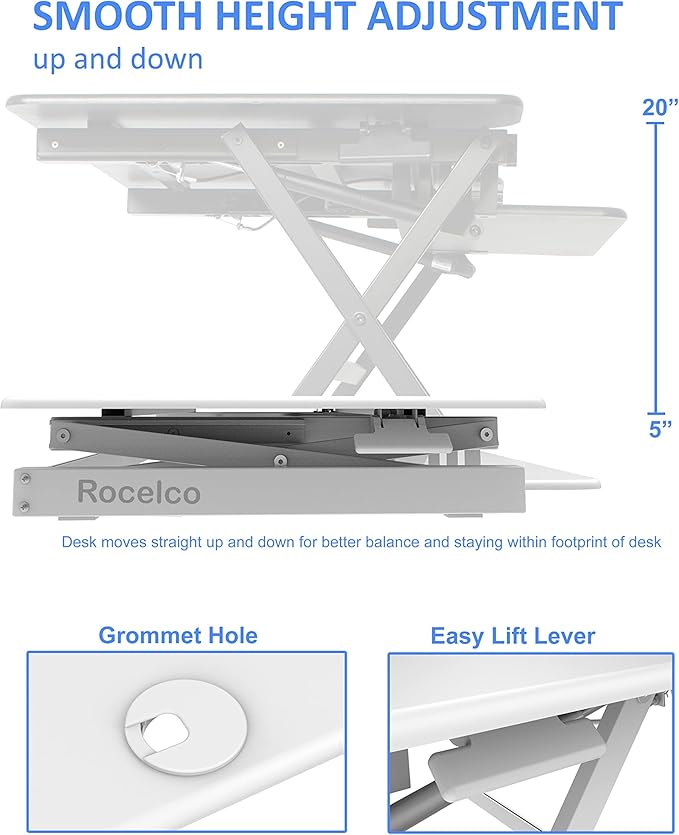 Rocelco 40" Large Height Adjustable Standing Desk Converter with Dual Monitor Stand BUNDLE - Quick Sit Stand Up Computer Workstation Riser - Retractable Keyboard Tray - White (R DADRW-40-DMS)