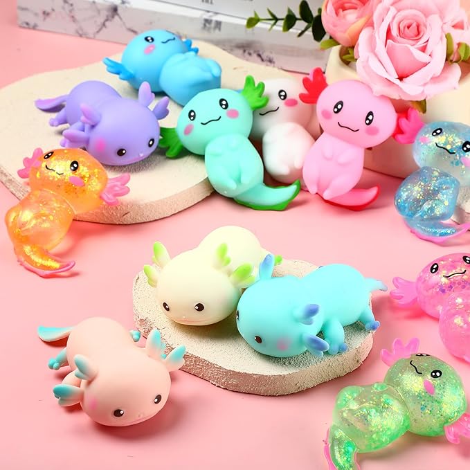Meooeck 12 Pack Axolotl Stress Relief Toys Glitter Axolotl Starfish Stress Balls Fun Relaxing Squeeze Fidget Toys Relieve Anxiety Squeeze for Birthday Party Goodie Bag Stuffers(Classic)