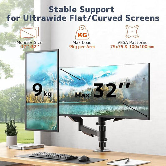 PUTORSEN Dual Monitor Stand for 17-32 Inch Screens,Holds up to 19.8lbs, Full Motion Adjustable Tilt Swivel Rotation, Space-Saving Desk Mount with C-Clamp & Grommet, VESA 75/100mm