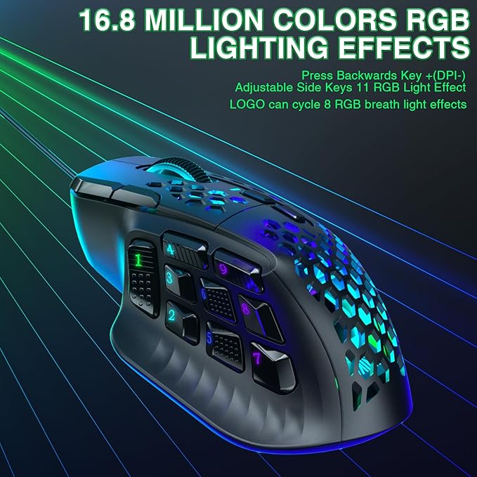 SOLAKAKA SM809 Wired MMO Gaming Mouse, with 9 Side Buttons RGB Mouse, 24000 DPI High-Precision Optical Sensor, Ergonomic Mice, 16 Programmable Macro Shortcuts/Remapping PC Gaming Mouse for FPS Games
