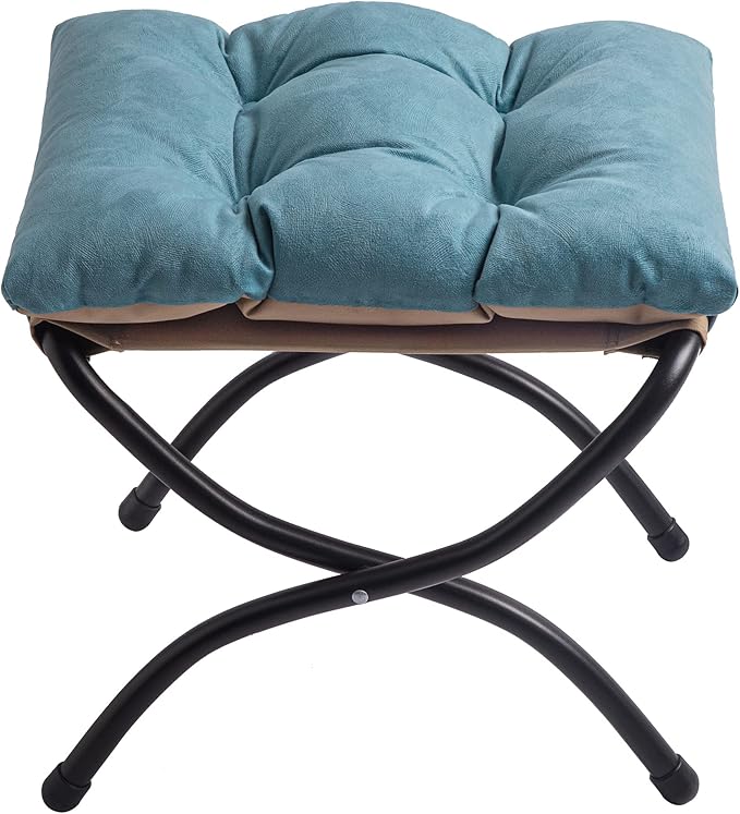 15" Foldable Foot Stool Ottoman with Metal Frame - Washable Blue Upholstered Indoor/Outdoor Footrest for Living Room, Bedroom, Patio - Space-Saving Compact Design