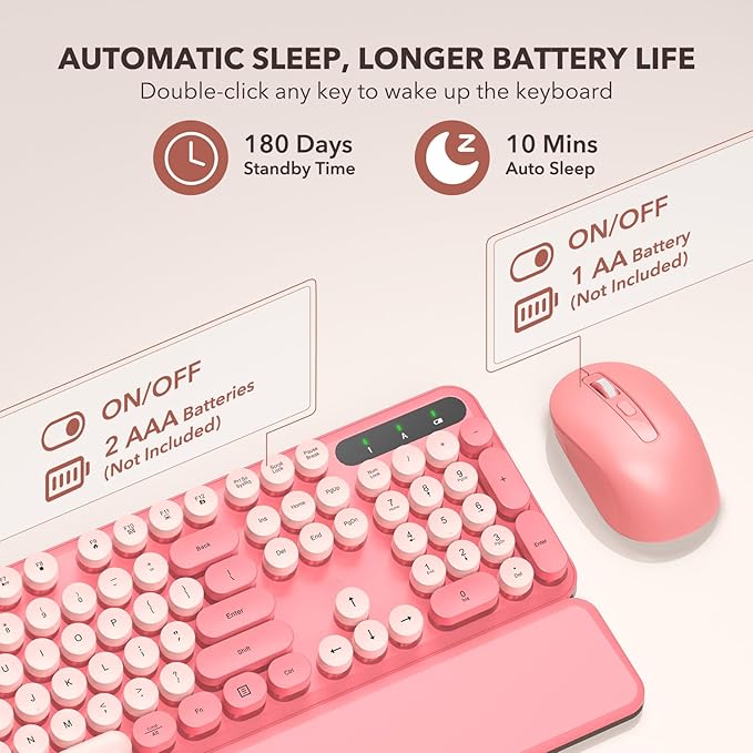 Wireless Keyboard and Mouse Combo - Retro Keyboard with Round Keycaps, Full-Size Typewriter Keyboard with Detachable Wrist Rest, 2.4GHz Connection for Mac/Windows/PC (Baby Pink)