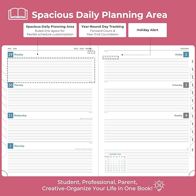 Weekly Monthly 2026 Planner (Jan.26-Dec.26),11.5"x8.5",12 Months Agenda Plan with Month Tabs & Pocket,Expenses/Note Pages, Appointment Book Calendar with Vegan Leather Cover,Rose Red