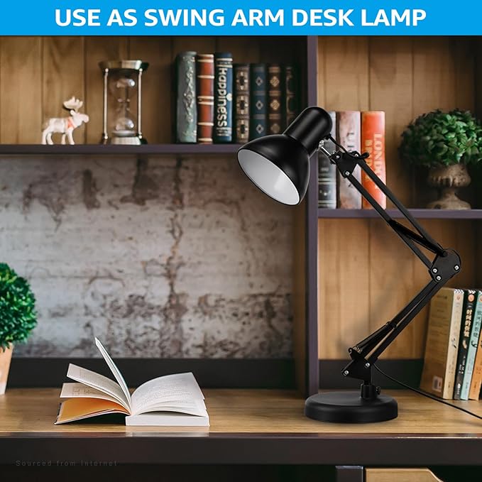 TORCHSTAR Metal Desk Lamp with Clamp, Swing Arm, Architect Adjustable Gooseneck Table Lamp, Clip Desk Lights for Home Office, Work, Study, Reading, E26 Base, Multi-Joint, Black