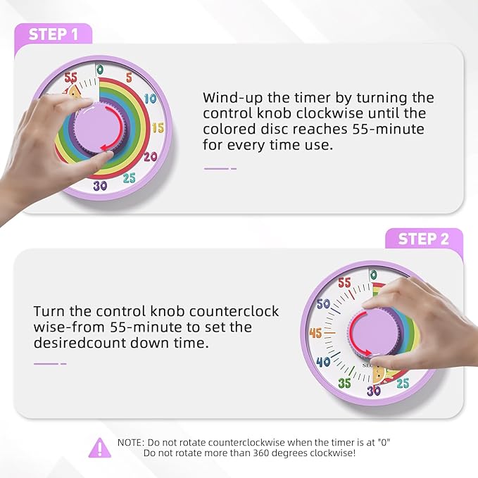Secura 60-Minute Rainbow Visual Timer 6-Inch Mechanical Countdown Timers for Teaching, Meeting, Cooking, Working - Timer for Kids with Magnetic Backing (Purple)