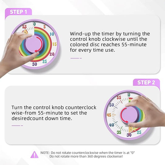 Secura 60-Minute Rainbow Visual Timer 6-Inch Mechanical Countdown Timers for Teaching, Meeting, Cooking, Working - Timer for Kids with Magnetic Backing (Purple)