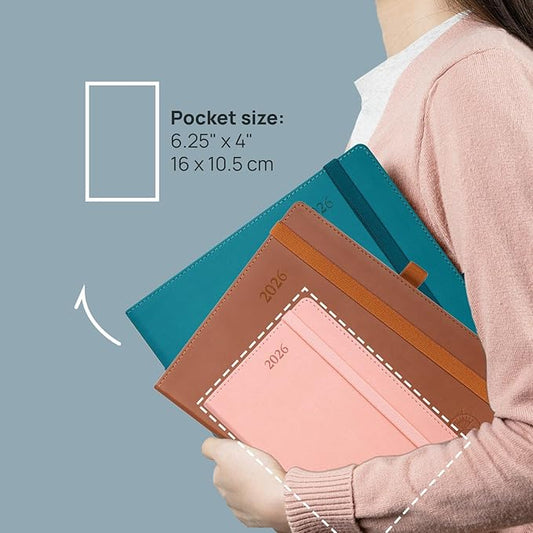 POPRUN Pocket Calendar 2026 (Small Size- 4'' x 6.25") Weekly and Monthly for Purse - Planner 2026 (Jan. 2026 - Dec. 2026) with Vegan Leather Soft Cover, Plastic Ruler, Pen Holder and More - Night Sky Blue