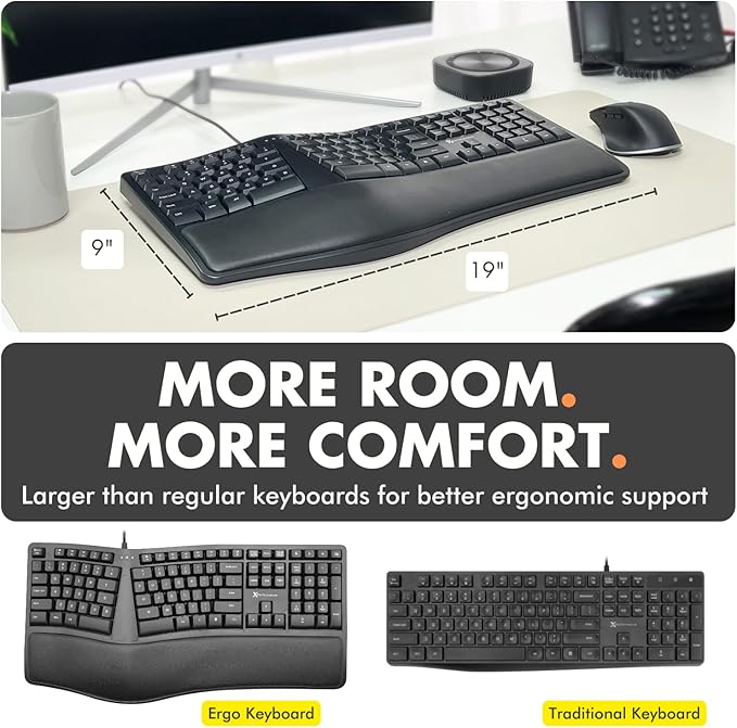 X9 Wired Ergonomic Keyboard with Cushioned Wrist Rest - Type Comfortably Longer - USB Wired Split Keyboard for Laptop, PC & Chrome Computer with 110 Ergo Keys & 5ft Cable