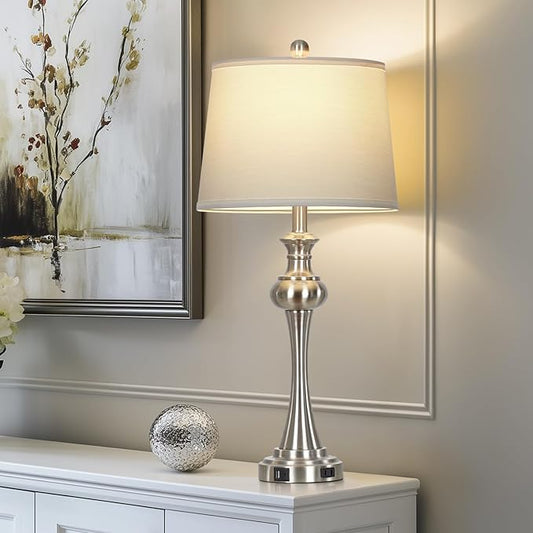 28.75" Silver Table Lamps for Living Room,Touch Lamps for Bedrooms Bedside Lamp 3-Way Dimmable Touch Control, Modern Silver Nightstand Lamp Fabric Shade Mid Century Accent Style(Bulb Inclued)